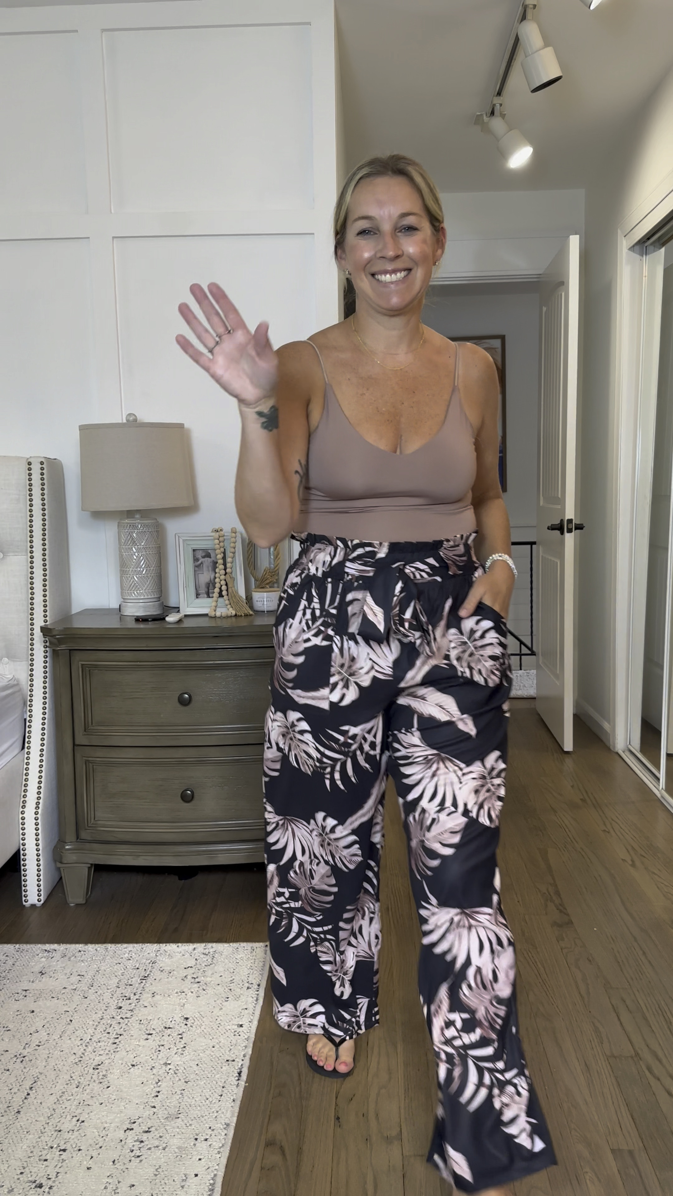 What an elegant and effortless outfit for vacation or some summer dinners!! Medium everything. The pants come in several colors/patterns, have an elastic waist with a big tie and pockets! 

#LTKOver40 #LTKMidsize #LTKFindsUnder50