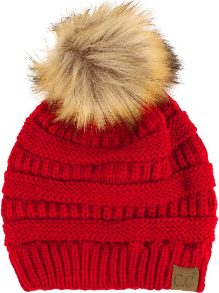 CC Fur Pom Winter Fall Trendy Chunky Stretchy Cable Knit Beanie Hat | Amazon (US)