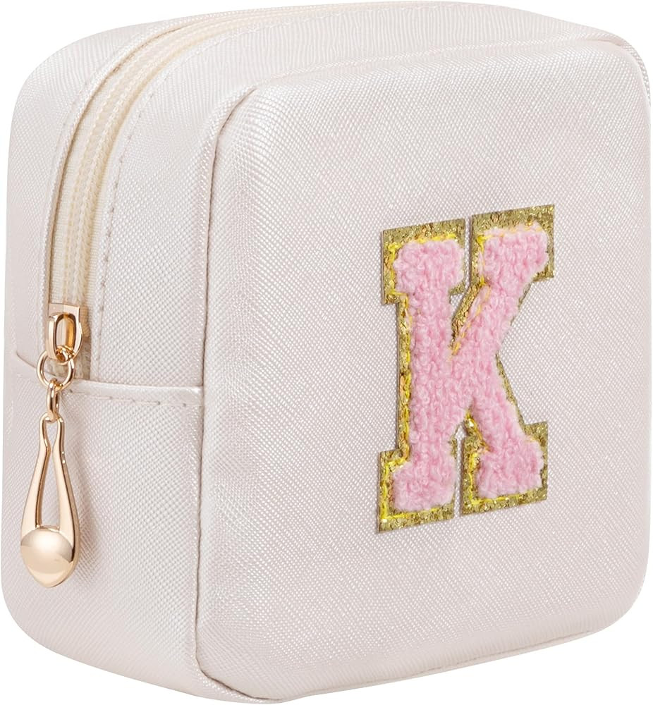 HBselect Preppy Initial Makeup Bag, Chenille Letter Patch Small Makeup Bag for Coin Purse, PU Lea... | Amazon (US)