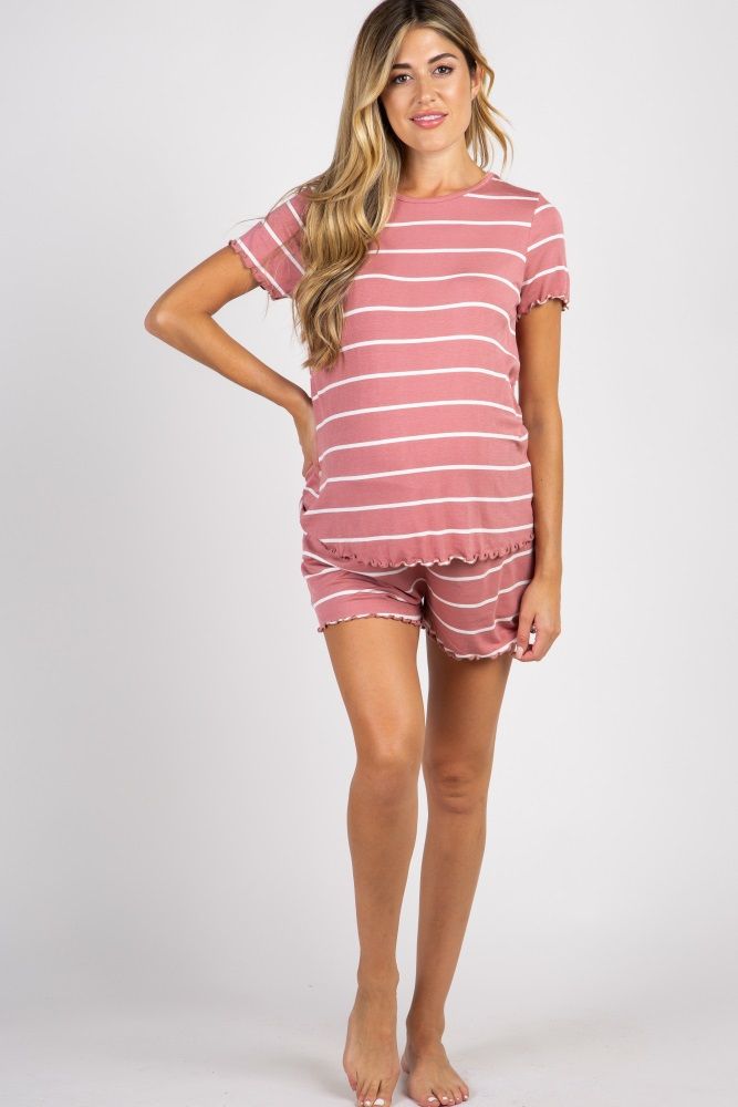 Mauve Striped Ruffle Trim Maternity Pajama Set | PinkBlush Maternity