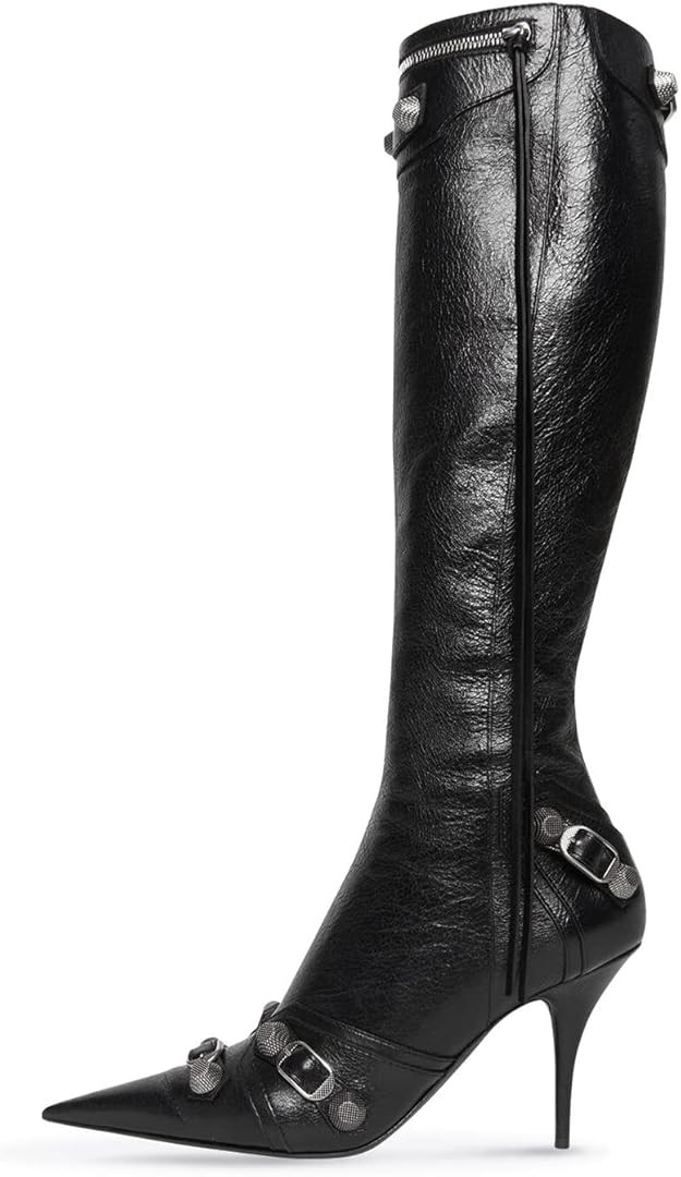 Yishaweiqi Rivets Studded Knee High Boots Pointed Toe Punk Buckled Stiletto Heel Long Boot with Z... | Amazon (US)