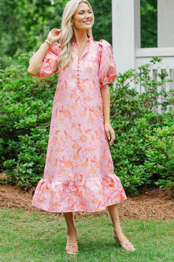 See The Light Pink/Orange Brocade Midi Dress | The Mint Julep Boutique