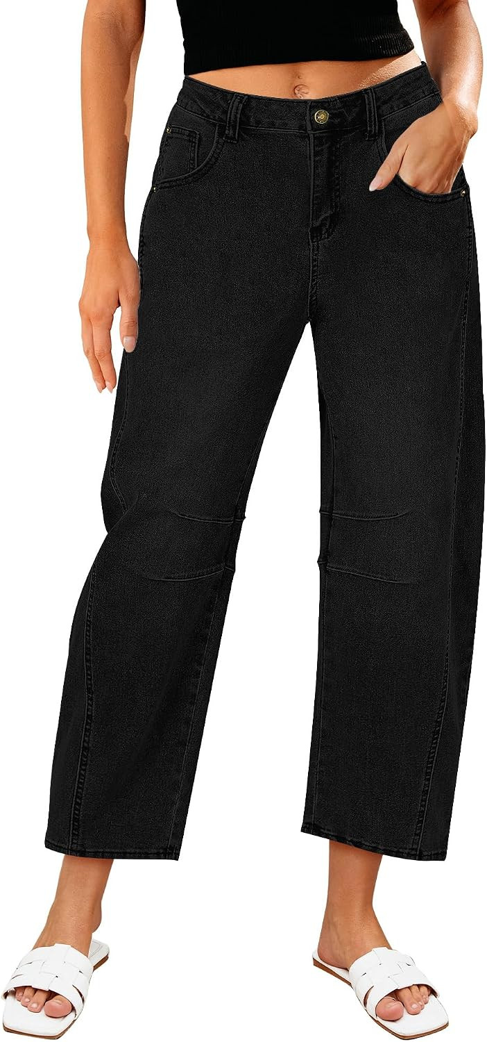LookbookStore Barrel Jeans for Women High Waisted Cropped Wide Leg Trendy Baggy Distressed Stretchy Denim Jean Pants | Amazon (US)