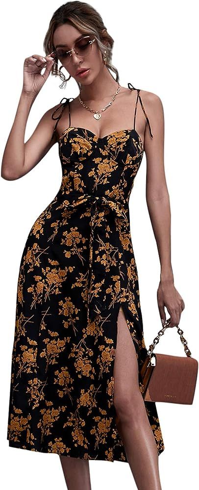 Floerns Women's Polka Dot Tie Shoulder Sleeveless Split Hem Midi Dress | Amazon (US)