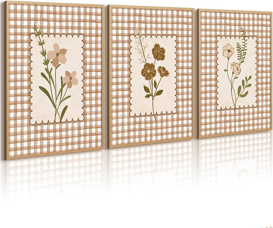 Ylmekx Vintage Floral Wall Art Brown Gingham Flowers Prints Wildflower Botanical Canvas Wall Deco... | Amazon (US)