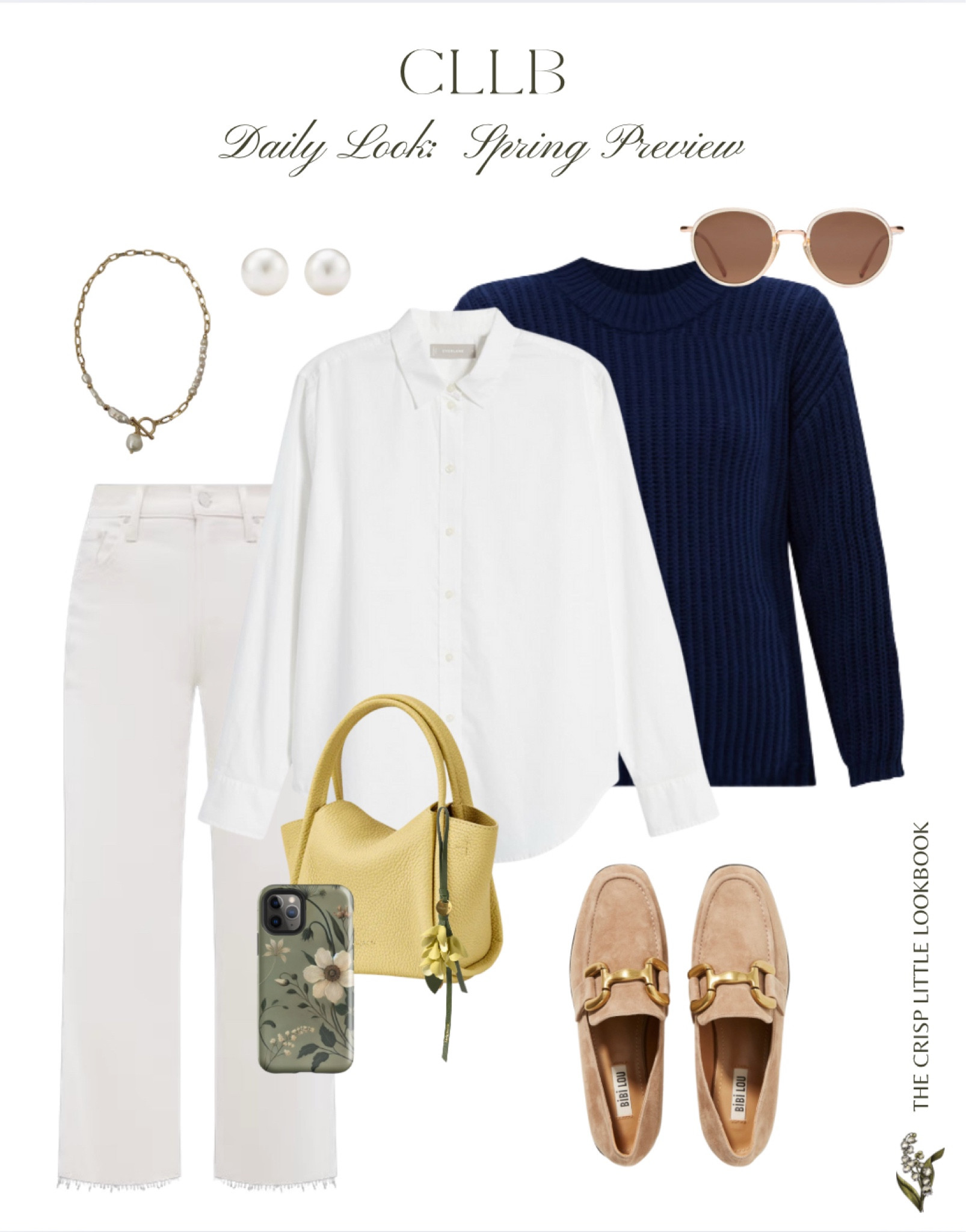 Spring is oh so near … start dressing like it!  Classic white and navy with a soft yellow, buttery soft bag and charm, plus a floral phone case that brings spring to the palm of your hand.  Finish with soft suede loafers, gold, pearls, and spring-ready sunnies ✨ 

#LTKItBag #LTKOver40 #LTKShoeCrush