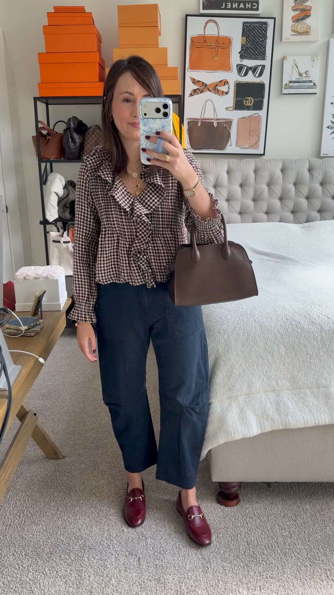 Fall outfit with doen top and barrel leg jeans
