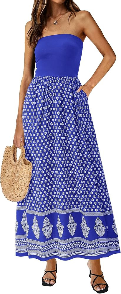PRETTYGARDEN Summer Dresses for Women 2026 Floral Patchwork Strapless Tube Long Flowy Dress Beach... | Amazon (US)