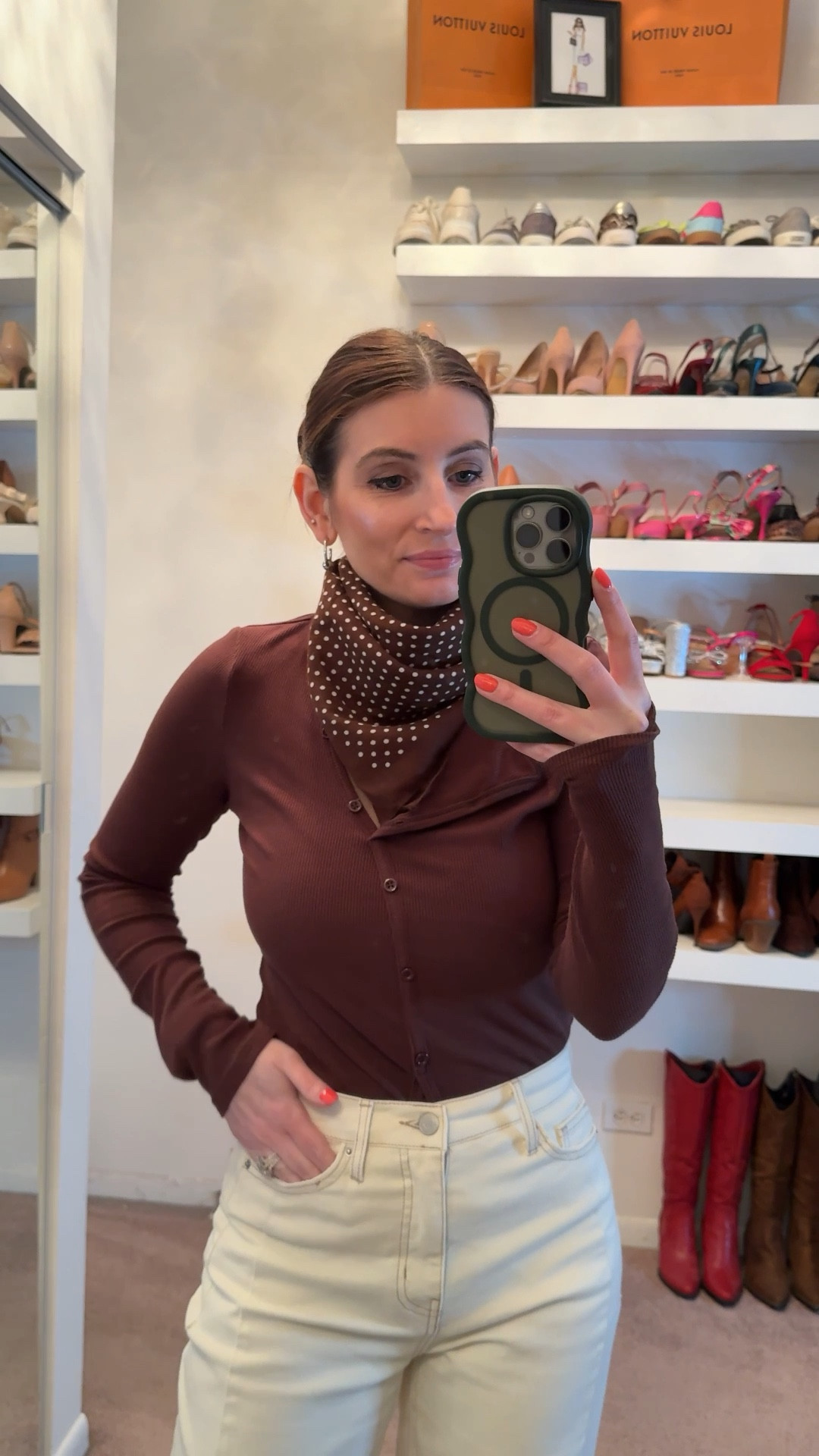 What I wore to work today, workwear outfit, casual outfit, easy outfit, brown polka dot neck scarf 

#LTKWorkwear #LTKootd #LTKOver40