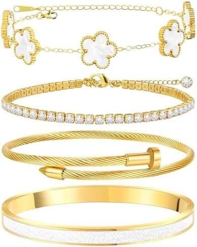 Gold Bracelets for Women, 18K Gold Plated Tennis Nail Clover love Bangle Bracelets Set Non Tarnis... | Amazon (US)