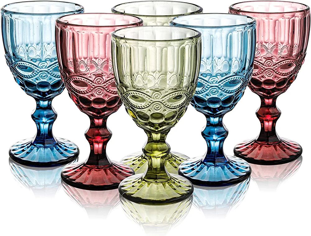 Youeon 6 Pack Wine Glasses Set,10 Oz Colored Glass Goblet, Embossed Design Diamond Pattern Water ... | Amazon (US)