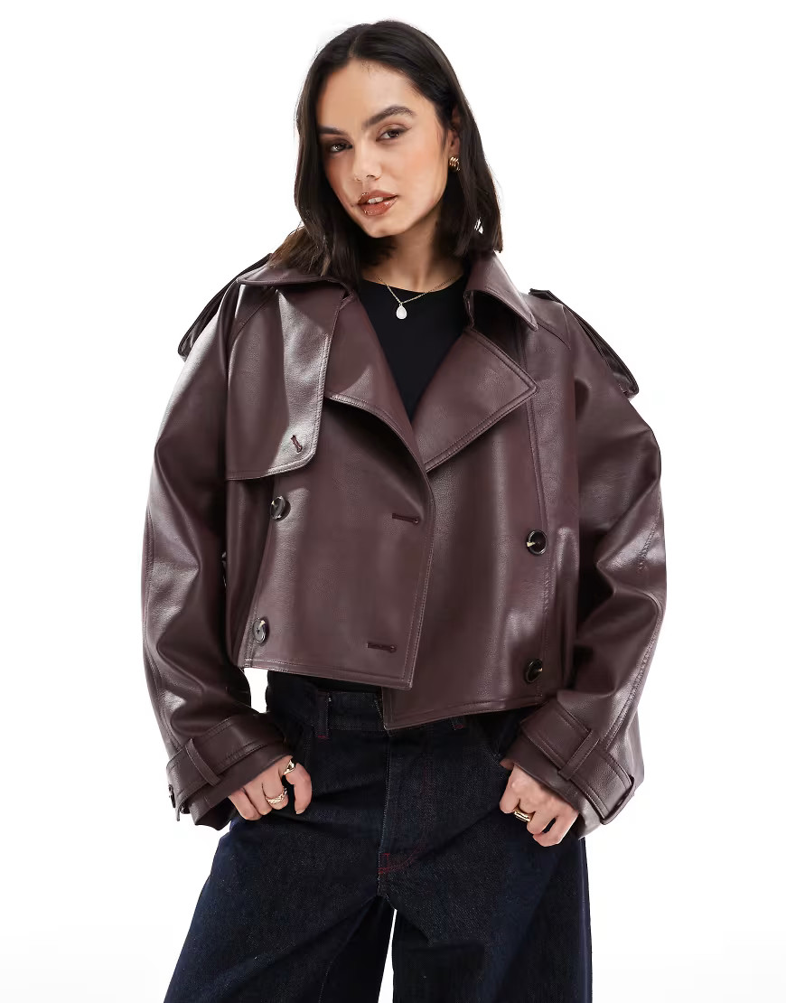 ASOS DESIGN leather look bomber trench coat in chocolate-Brown | ASOS (Global)