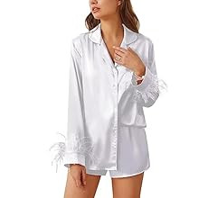 Ekouaer Women's Bridal Feather Trim Silk Satin Pajama Set Long Sleeve Lounge Sets Sleepwear (Remo... | Amazon (US)