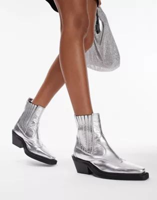 Topshop Miffy leather western ankle boot in silver | ASOS (Global)