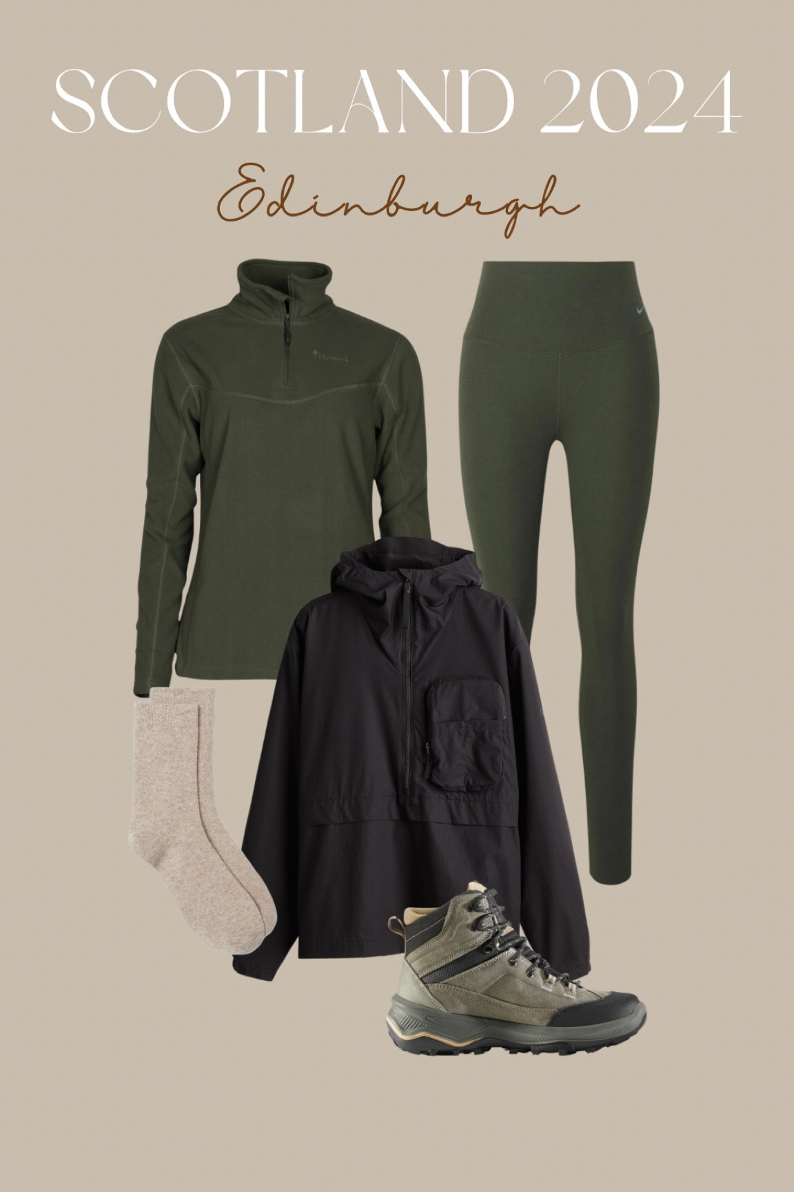 Green sportleggings, green fleece sweater, black raincoat, beoge socks, hiking boots, hiking shoes

Shoes are from decathlon 

#LTKtravel #LTKeurope #LTKautumn