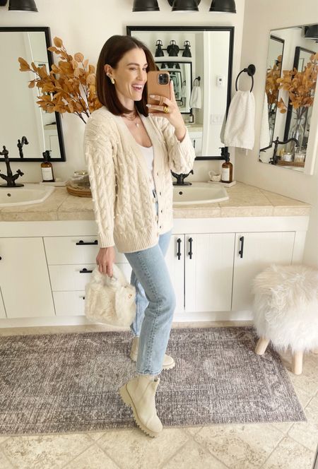 FASHION \ fall neutral outfit: high waisted denim, pearl cable knit sweater, Chelsea booties and faux fur handbags🤍🤎🤍

Amazon
Booties 
Bathroom 
Decor 

#LTKSeasonal #LTKfindsunder50 #LTKhome