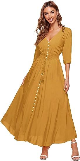 Milumia Women's Button Up V Neck Half Sleeve Split Flowy Plain Party Maxi Dress | Amazon (US)