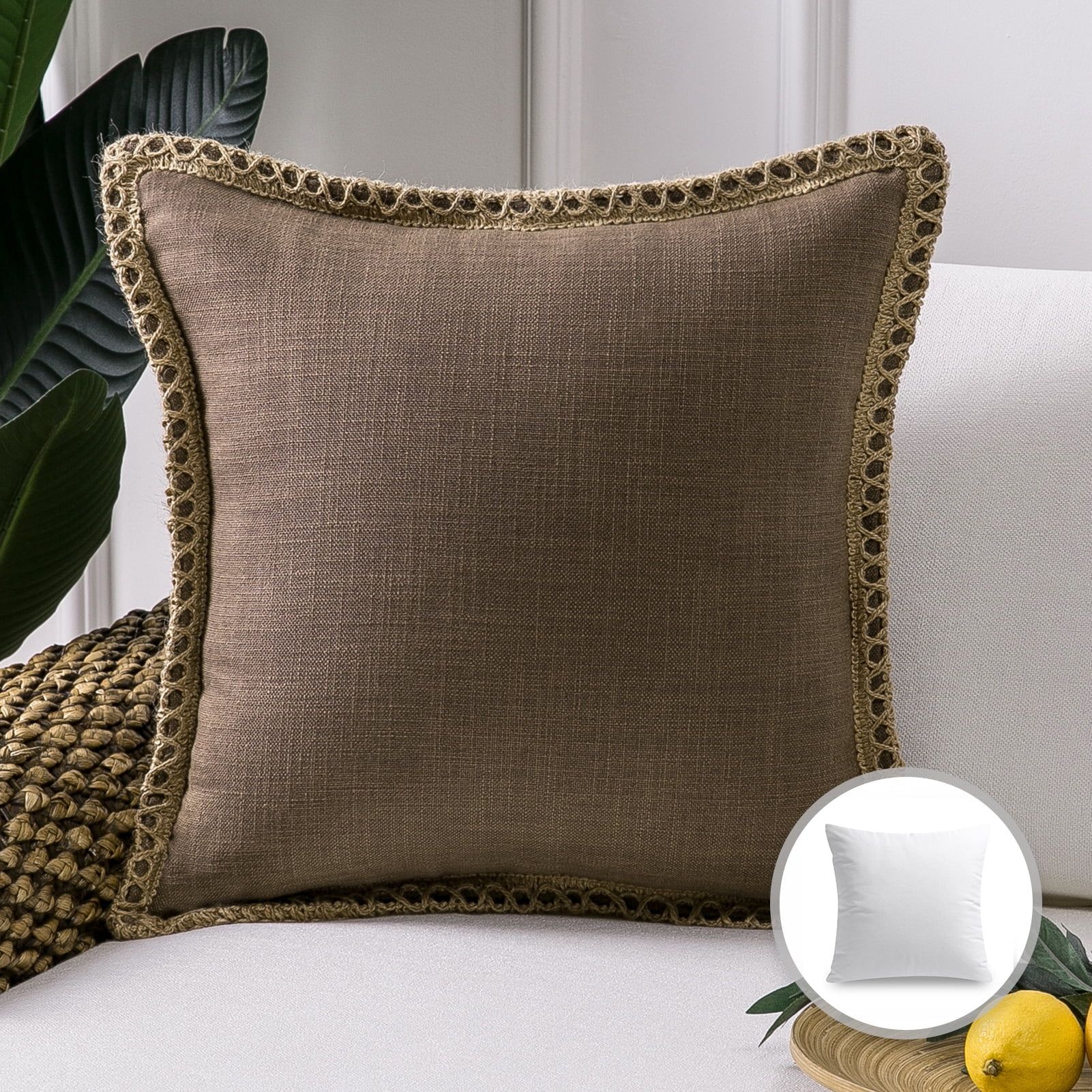 Phantoscope Linen Trimmed Farmhouse Series Decorative Throw Pillow, 20" x 20", Brown, 1 Pack | Walmart (US)