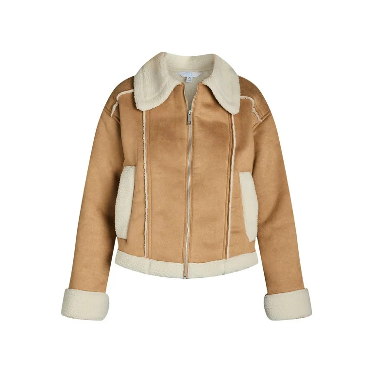 Time and Tru Women's and Women's Plus Bonded Faux Shearling Bomber Jacket, Sizes XS-3X | Walmart (US)