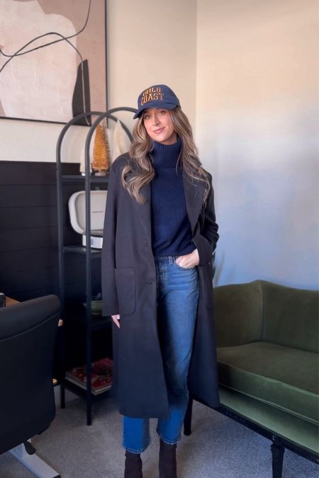 Winter outfit idea, navy sweater, corduroy hat, 2024 outfit idea, winter black coat 

#LTKshoecrush #LTKSeasonal #LTKworkwear