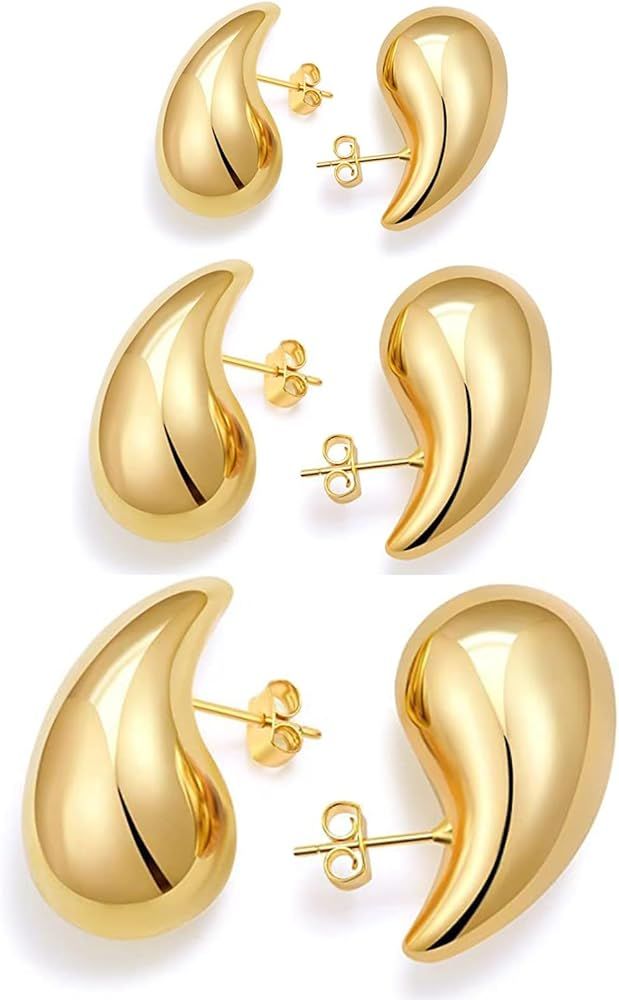 Gold Teardrop Earrings for Women Set 3 Pair Large Medium Small Chunky Gold Hoop Earrings Hypoalle... | Amazon (US)