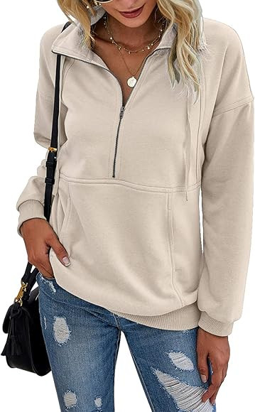 PRETTYGARDEN Women's Casual Long Sleeve Zipper Sweatshirt Drawstring Loose Quarter Zip Pullover Tops | Amazon (US)