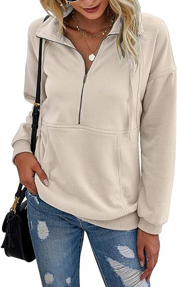 PRETTYGARDEN Women's Casual Long Sleeve Zipper Sweatshirt Drawstring Loose Quarter Zip Pullover Tops | Amazon (US)