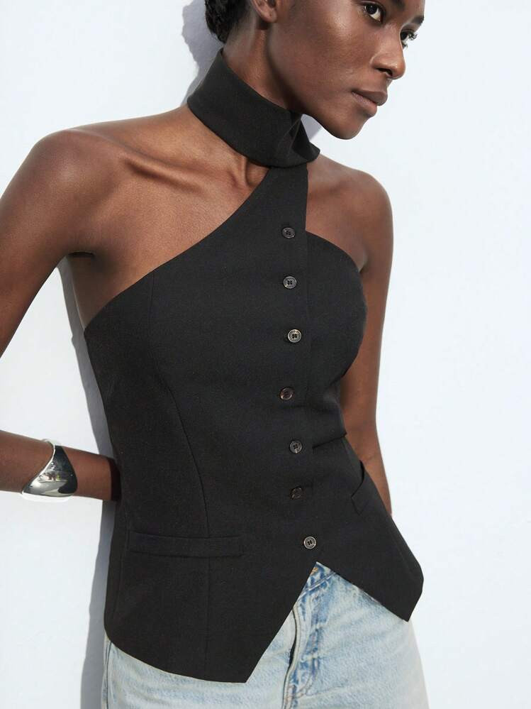 Maija 2026 New Black Asymmetrical Cut Asymmetric Drape Neck Single-Breasted Women's Waistcoat, Modern Elegant For Party, Urban Commute, Outing, Date, Party, Concert, Stage Performance, Brunch, Airport, Summer Holiday St Patrick's Day Women Easter Summer Easter Women Party Top Beach Summer Holiday Beach Vacation Summer Going Out Graduation Y2k Black Top | SHEIN