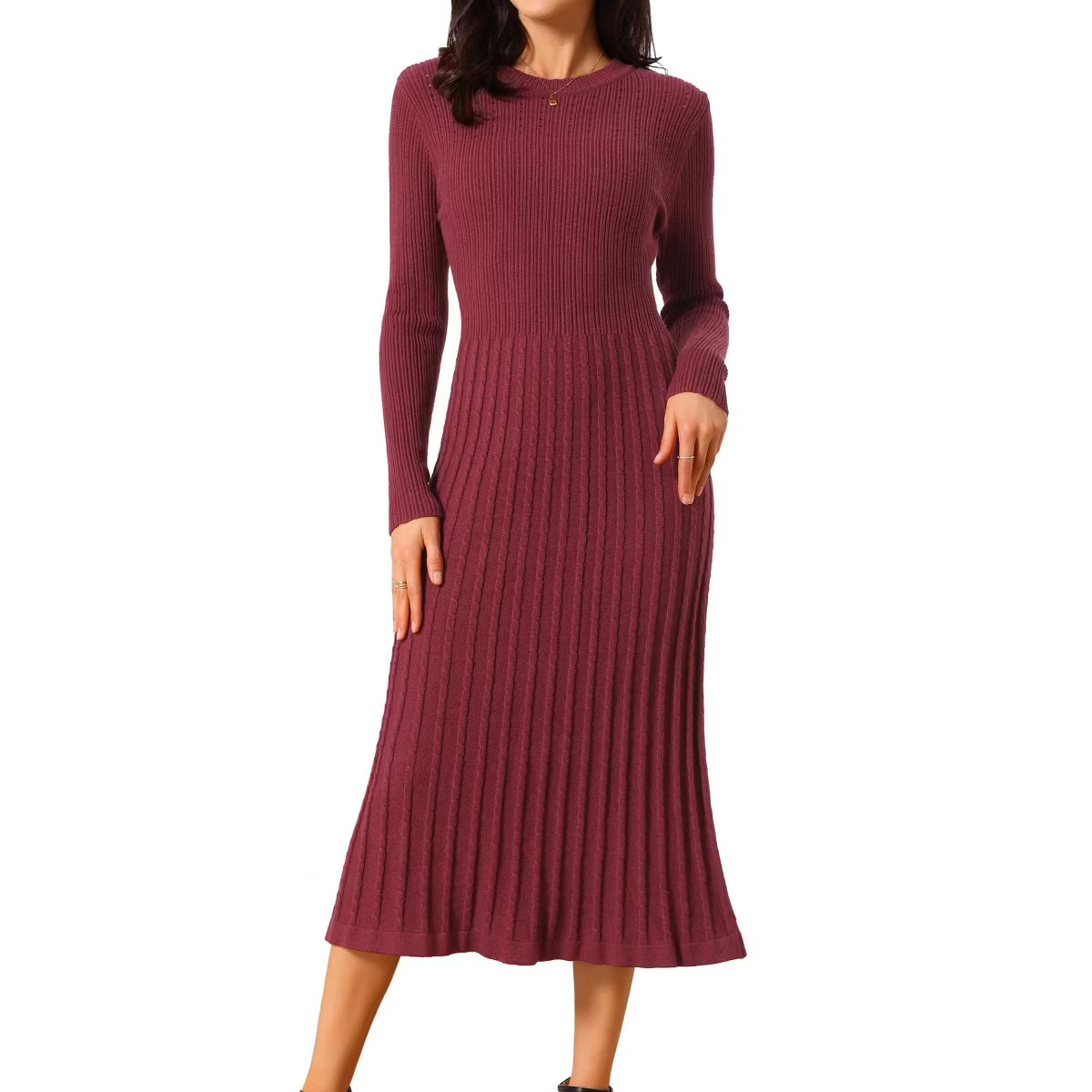 INSPIRE CHIC Women's Crewneck Knit Long Sleeve Midi Ribbed A-Line Sweater Dress Wine Red Large | Target