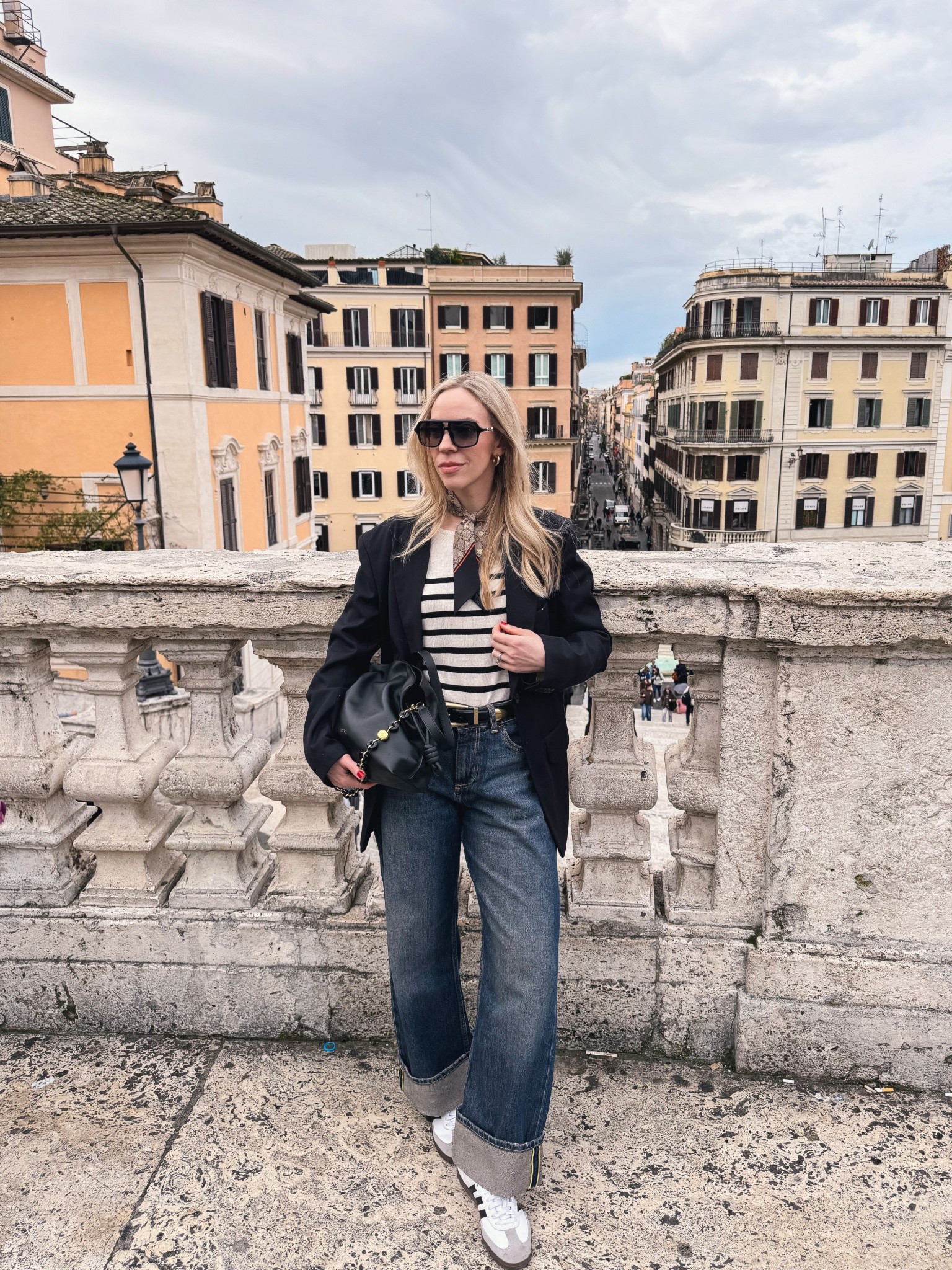 Spring outfits 2026, travel style, oversized black blazer with striped top and silk scarf, @Zara baggy cuffed jeans, Adidas Samba sneakers 

#LTKOver40 #LTKSeasonal #LTKTravel