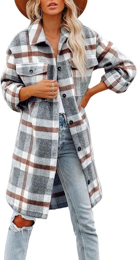 Womens Button Down Wool Blend Coat Brushed Plaid Casual Lapel Shacket Long Peacoat Oversized Jack... | Amazon (US)