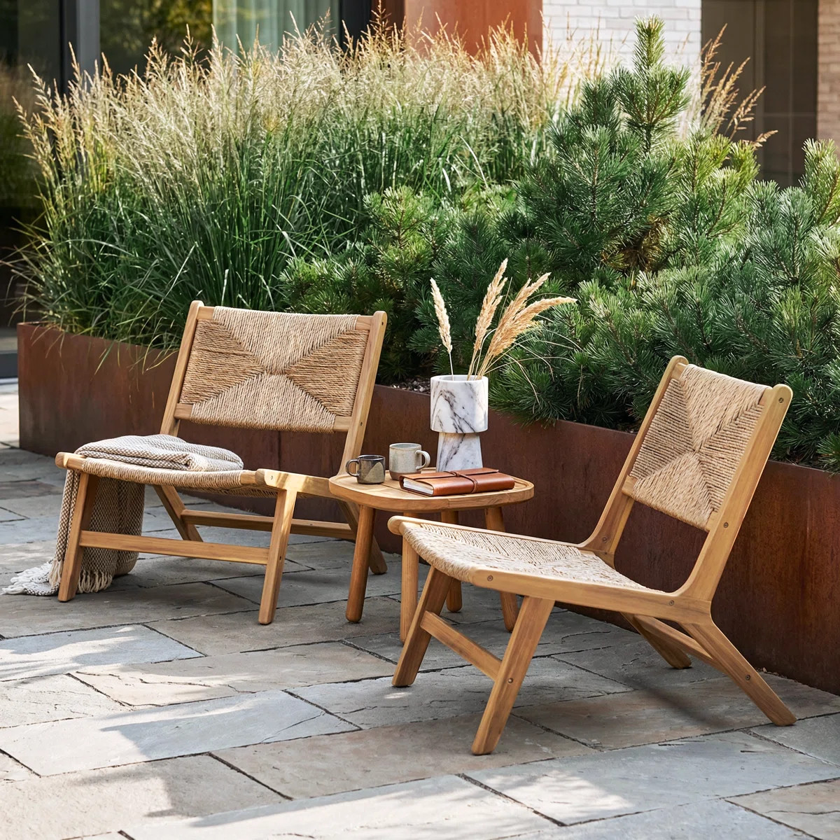 Bhaktivinod Patio Acacia Wood & PE Rattan Lounge Chairs (Set of 2) | Wayfair North America