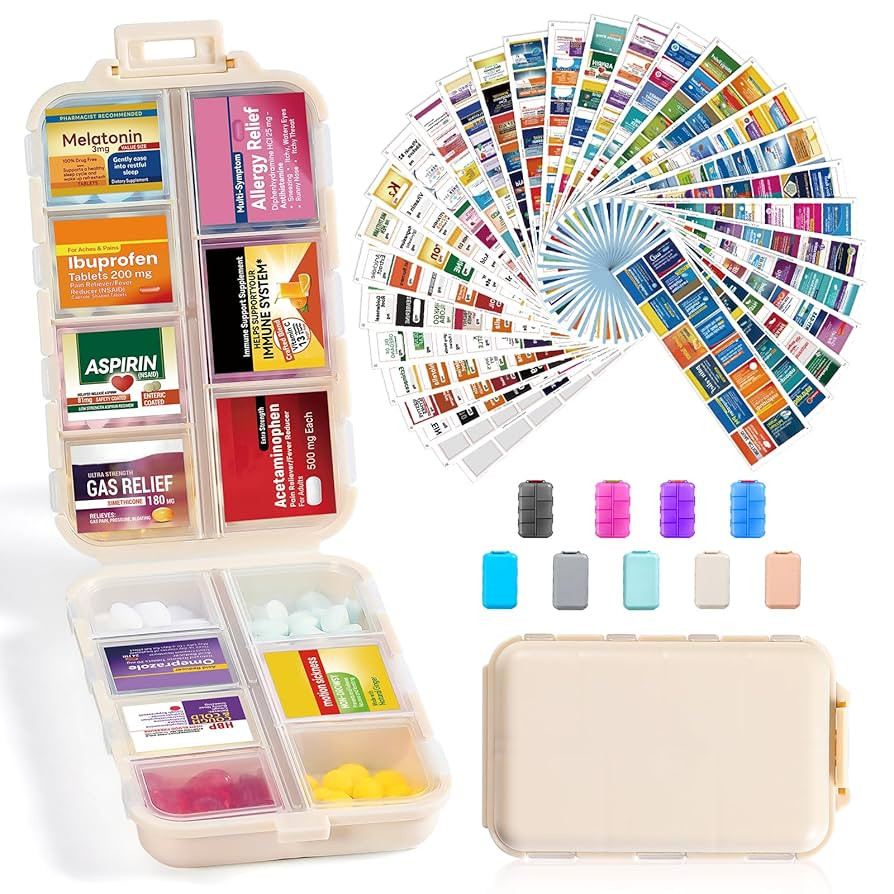 14 Grids Travel Pill Organizer Box with 415-Pcs Medicine Name Labels - Pocket Daily Pharmacy Case... | Amazon (US)