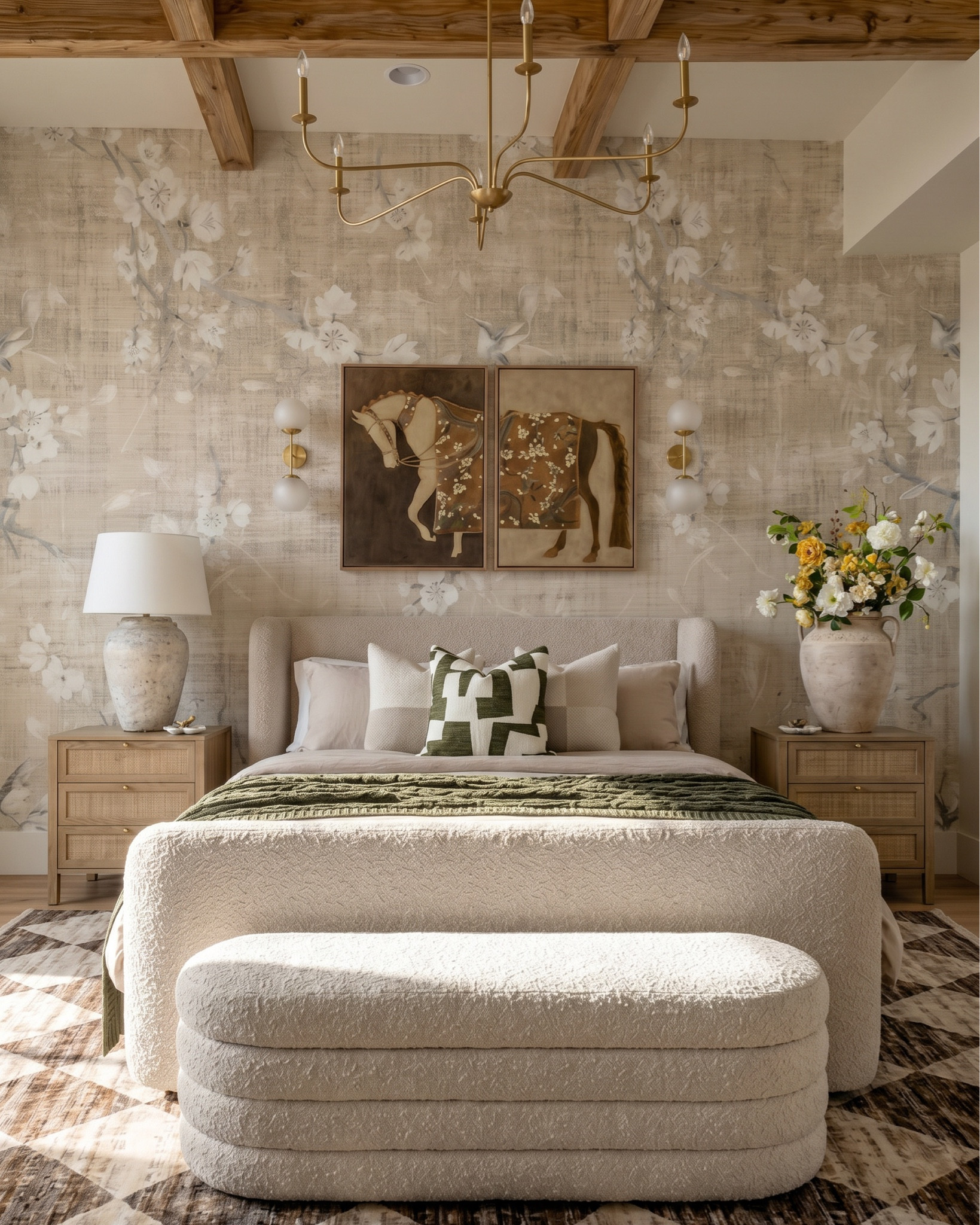 neutral upholstered bed frame curved footboard
boucle bed frame cream platform bed
beige upholstered bed modern soft frame
light wood nightstand with cane drawers
rattan nightstand 3 drawer natural wood
ceramic table lamp white textured base
modern white bedside lamp neutral shade
floral wallpaper neutral beige large scale print
vintage style floral wall mural soft neutral tones
brass wall sconces double globe modern
gold wall sconce round glass shade
framed horse artwork vintage equestrian wall art
neutral wall art set above bed warm tones
textured bench upholstered end of bed bench
boucle bench cream bedroom bench rounded edges
green throw blanket textured knit olive throw
neutral bedding set beige layered bedding
decorative throw pillows neutral green accent pillow
geometric area rug brown cream diamond pattern
modern neutral rug high pile bedroom rug
wood ceiling beams exposed rustic beams
brass chandelier modern minimalist curved arms
ceramic vase large neutral decor vase
faux floral arrangement yellow white flowers
wood dresser natural oak bedroom furniture
neutral bedroom decor warm minimalist aesthetic


#LTKHome #LTKSaleAlert