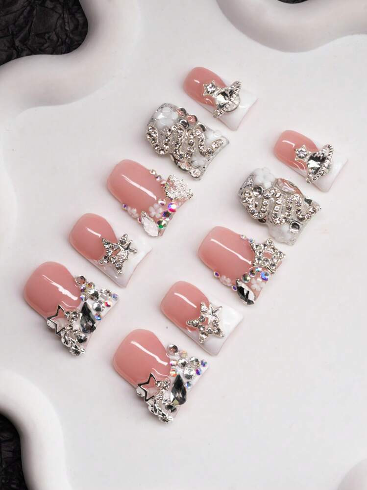 10Pcs Handmade Duck Mouth Y2K Press-On Nails With French Tips, Rhinestones, Snake, Flower, Planet & Star Designs In Nude & White Colors, Suitable For Women & Girls, Party, Wedding, Daily Wear, Comes With Tool Kit, Great Gift For Ladies Nail Supplies Nails | SHEIN
