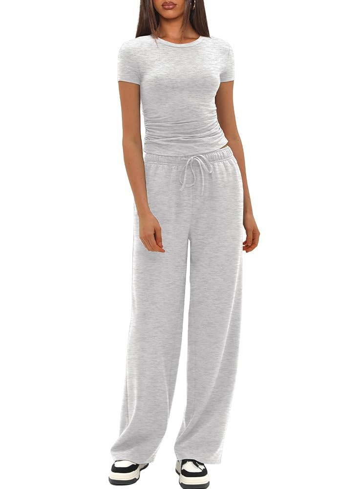 Darong Women's 2 Piece Outfits Casual Short Sleeve Pullover Tops and Wide Leg Pants Tracksuits Lo... | Amazon (US)