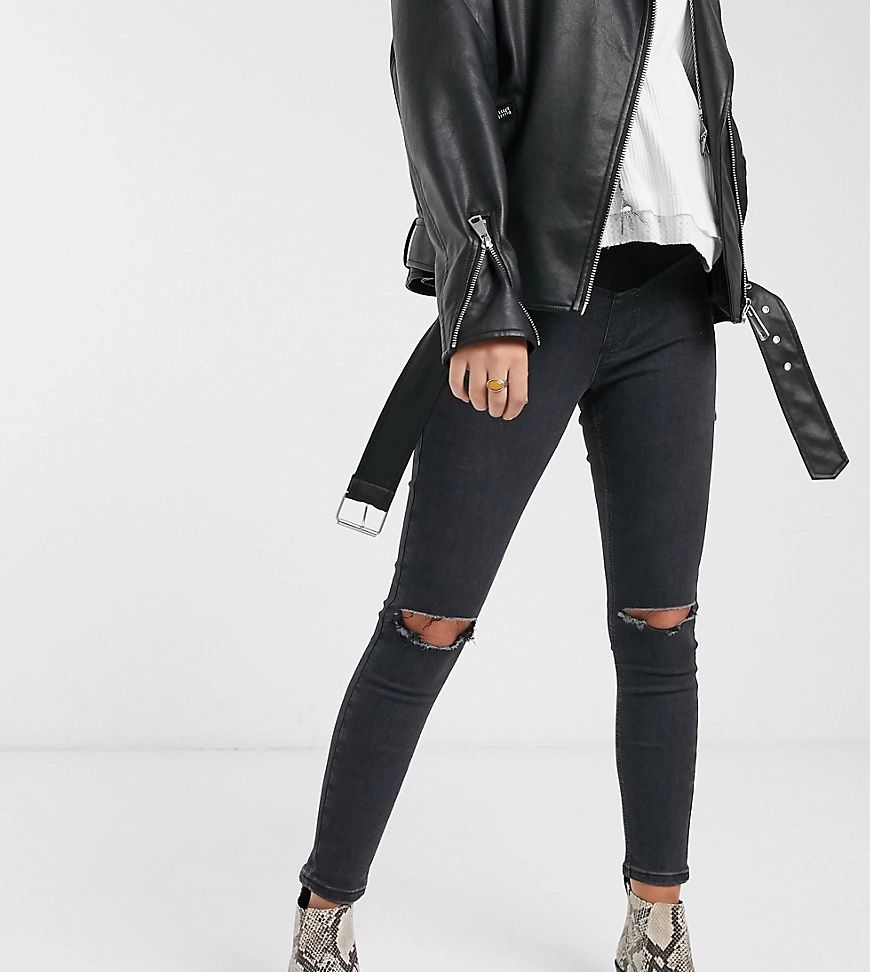 Topshop Maternity Joni overbump skinny jeans with rips in washed black | ASOS (Global)