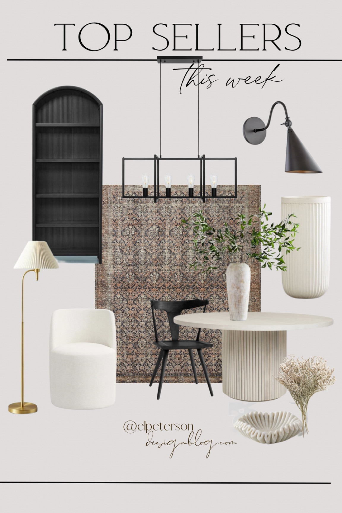 Top sellers
Loloi rug 
Dining round table 
Fluted planter 
Arches book case 
Barrel dining chair 
Floor lamp 
Black dining chair 
Chandelier 

#LTKunder50 #LTKunder100 #LTKhome