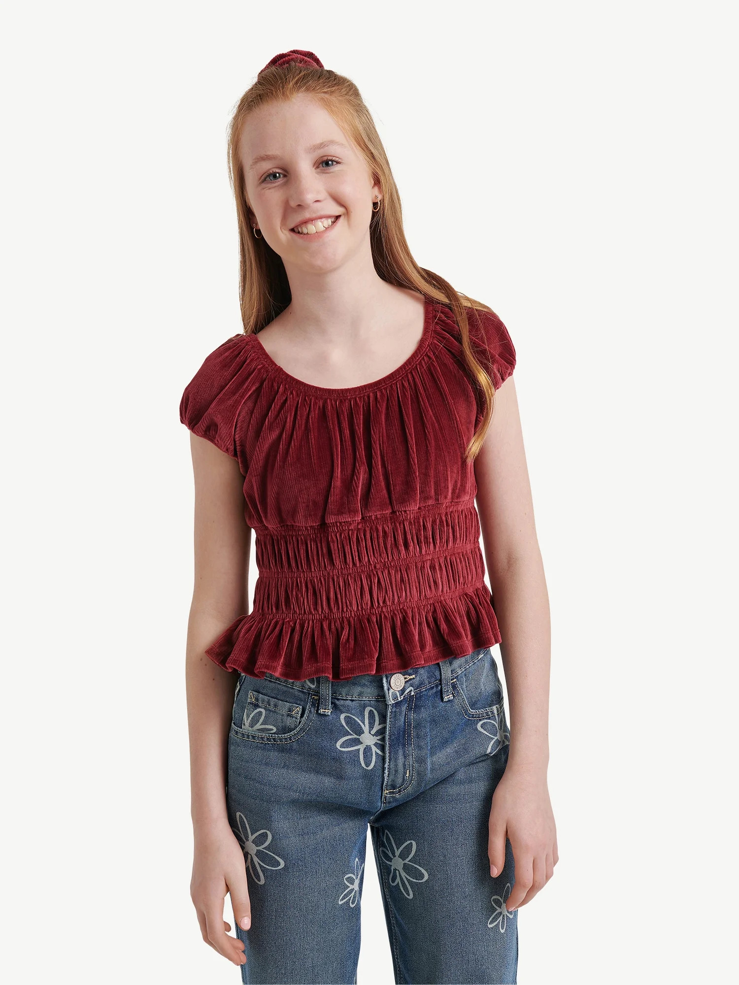 Justice Girls Puff Short Sleeve Smocked Top, Sizes XS-XLP | Walmart (US)