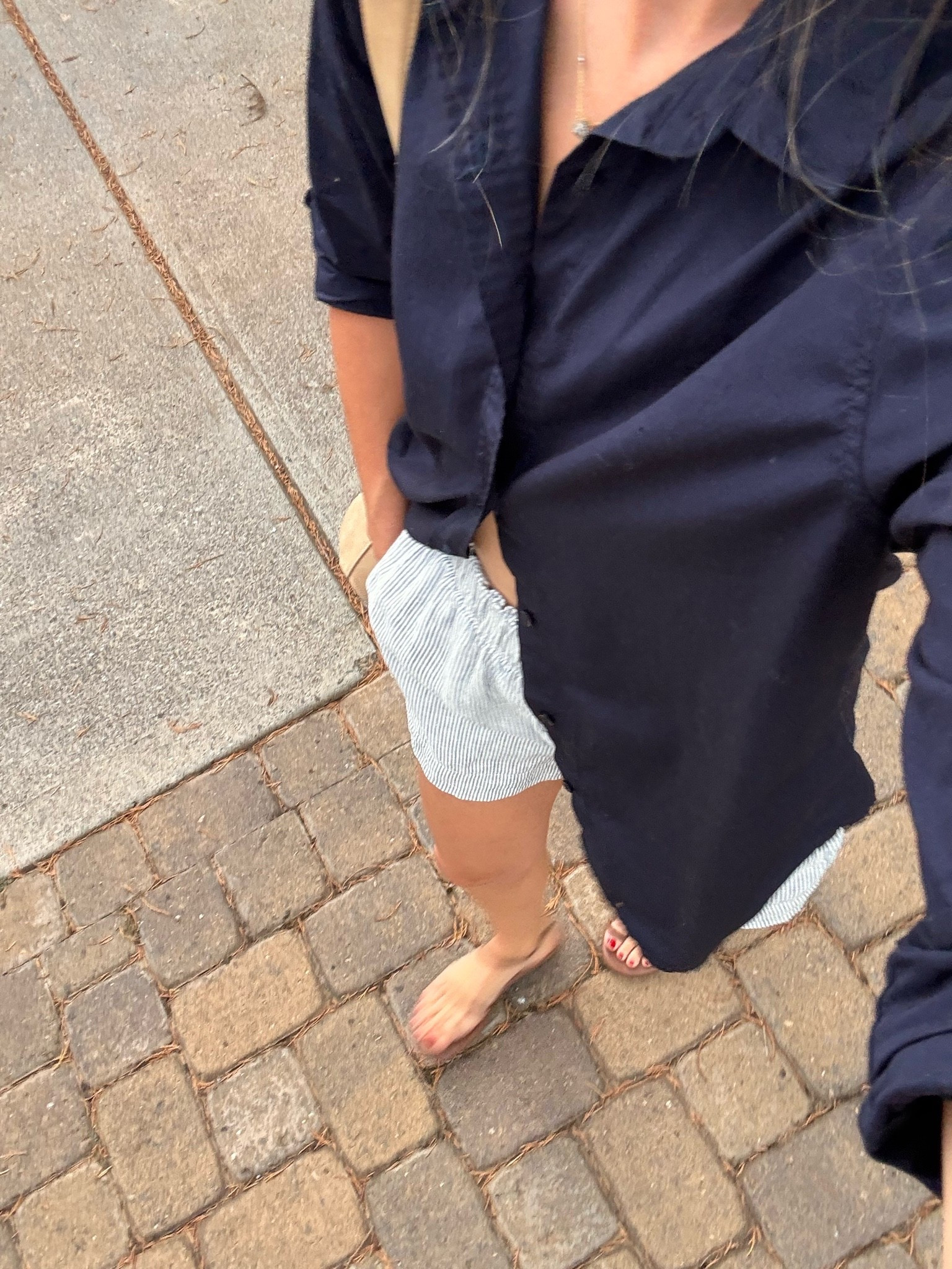 A cotton button down summer outfit for cool mornings, freezing restaurants, and summer travel days. The navy button down, blue striped linen shorts, and TKEE sandals reate an easy preppy summer outfit with a subtle coastal feel.

Sizing: S in the button down | XS in the blue stripe linen shorts

New customers can use my Quince code INFG-26LINENANDLIGHTCO10 for 10% off their first purchase!

#LTKootd #LTKmomlife #LTKSeasonal