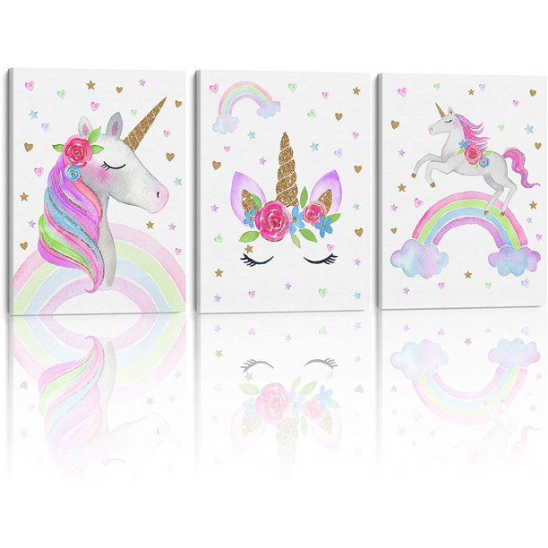 Rainbow Unicorn Canvas Wall Art for Girl's Bedroom Decoration. Set of 3, 12x16in Stretched/Framed... | Walmart (US)