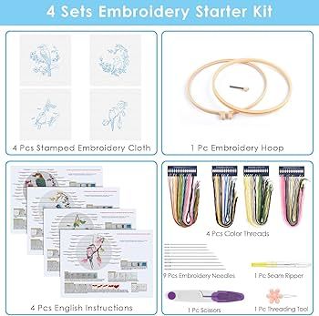 ERKOON 4 Sets Embroidery Kit for Beginners, Art Craft Handy Sewing Set Hummingbird and Flower Cro... | Amazon (US)