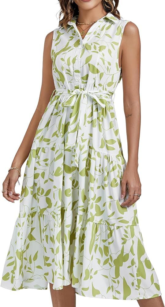 LYANER Women's Floral Button Up Collar Tie Waist Tiered Ruffle Sleeveless Midi Dress | Amazon (US)