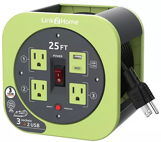 Link2Home Cord Reel 25' Extension Cord Power Outlet & USB - QVC.com | QVC