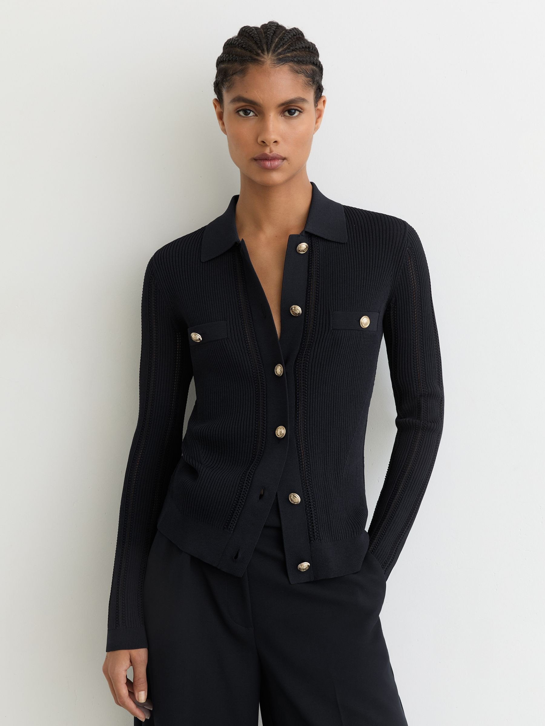 Button-Through Knitted Top with Collar in Navy | Reiss UK