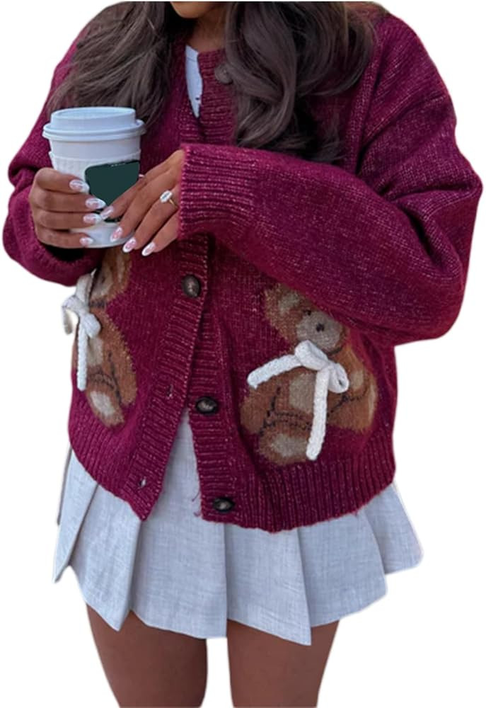 Women Lobster Knit Sweater Cardigan Long Sleeve Button Down Chunky Knit Sweater Y2k Graphic Fall ... | Amazon (US)