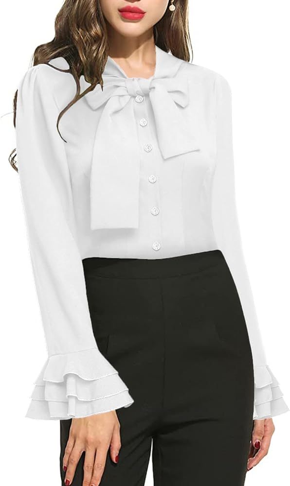 Zeagoo Women Elegant Bow Tie Neck Blouses Ruffle Long Sleeve Button-Down Shirts Casual Office Work T | Amazon (US)