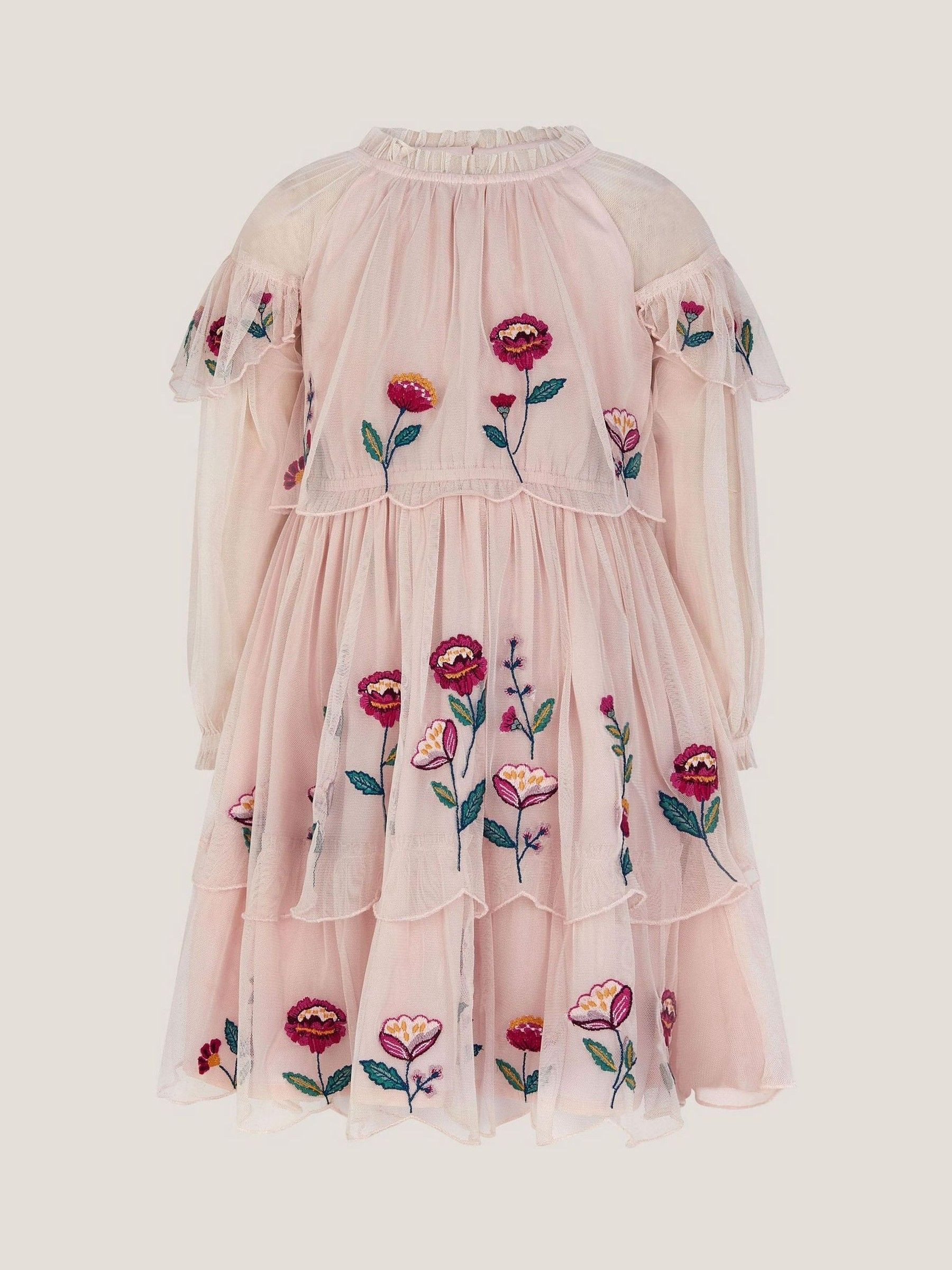 Monsoon Monsoon Cream Floral Embroidered Scallop Tiered Dress | Next US