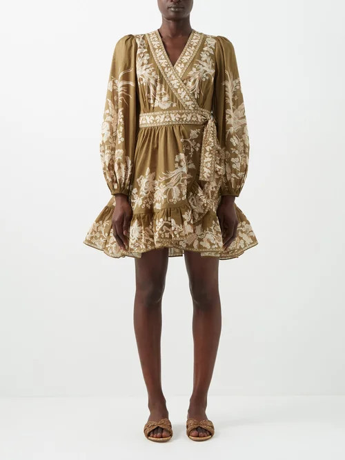 Zimmermann - Anneke Avian-print Cotton-voile Wrap Dress - Womens - Olive | Matches (US)