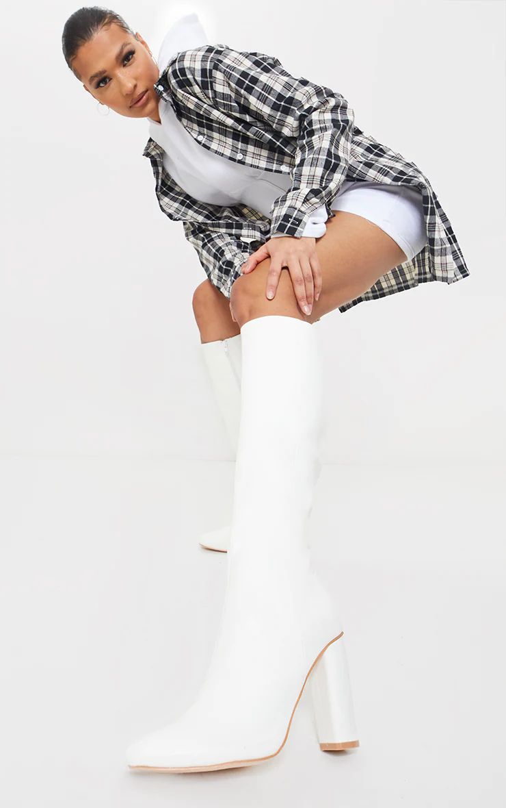 White Round Block Heel Knee High Boots | PrettyLittleThing US